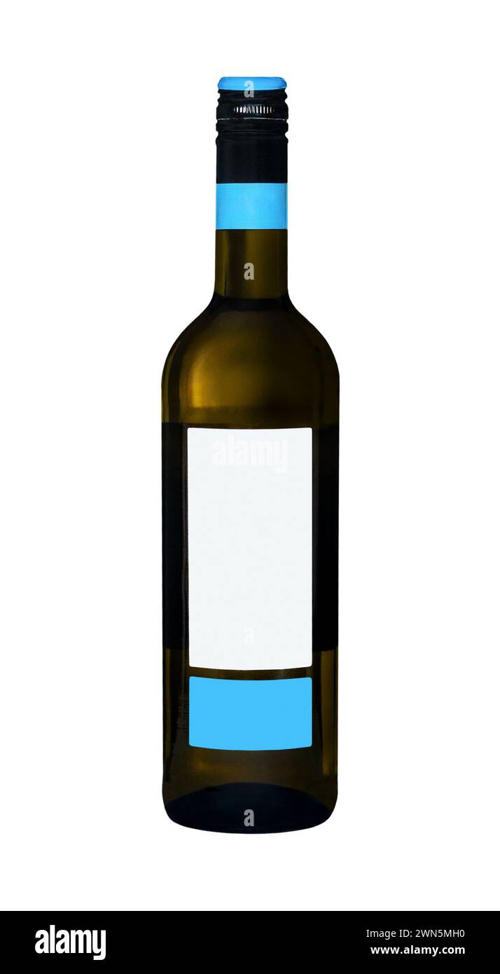 Bottiglia di vino bianco isolata con etichette vuote bianche e blu. Foto Stock