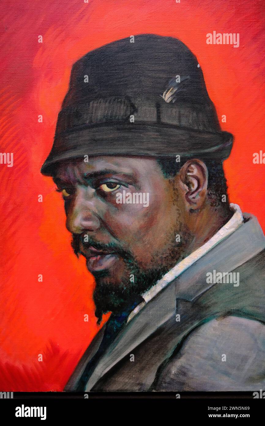 Ritratto del musicista jazz Thelonious Monk di Boris Chaliapin in mostra nella National Portrait Gallery. Washington DC. STATI UNITI Foto Stock