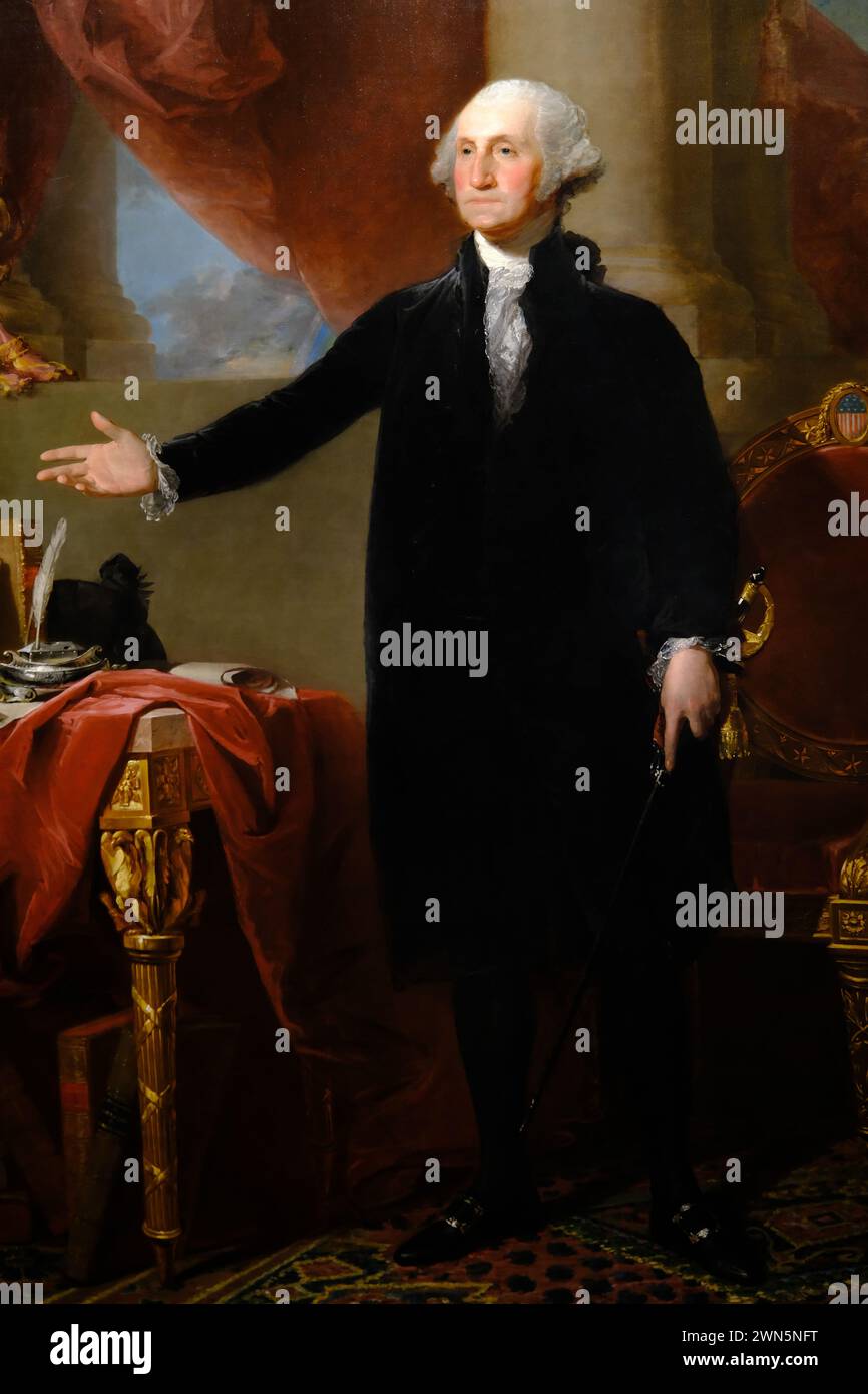 Il dipinto ad olio di George Washington (Lansdowne Portrait) dell'artista americano Gilbert Stuart creato nel 1796 in esposizione nella National Portrait Gallery.Washington DC.USA Foto Stock
