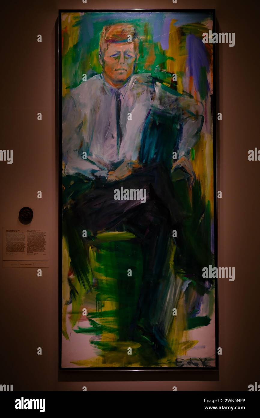 Ritratto di John F.Kennedy della pittrice espressionista figurativa americana Elaine De Kooning esposto nella mostra dei presidenti americani nella National Portrait Gallery.Washington DC.USA Foto Stock