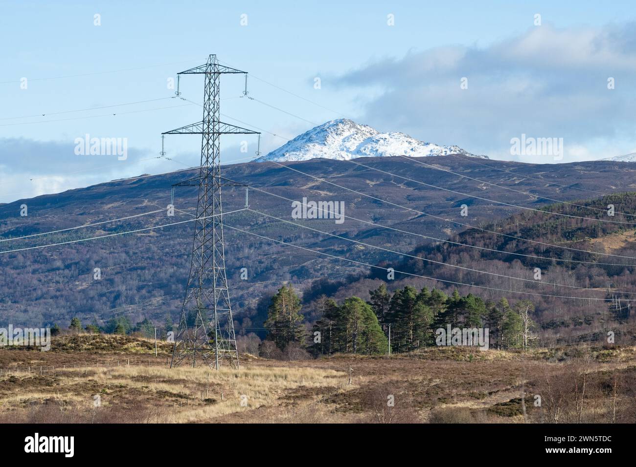 Impatto visivo dei piloni e dei cavi elettrici nei pressi di Loch Katrine, visto dal Great Trossachs Path, Loch Lomond e dal Trossachs National Park Foto Stock