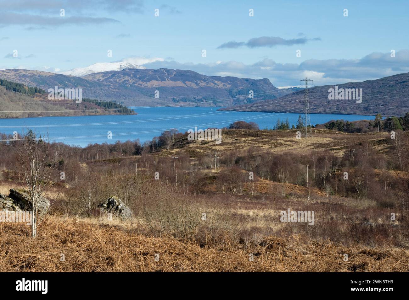 Impatto visivo dei piloni e dei cavi elettrici nei pressi di Loch Katrine, visto dal Great Trossachs Path, Loch Lomond e dal Trossachs National Park Foto Stock
