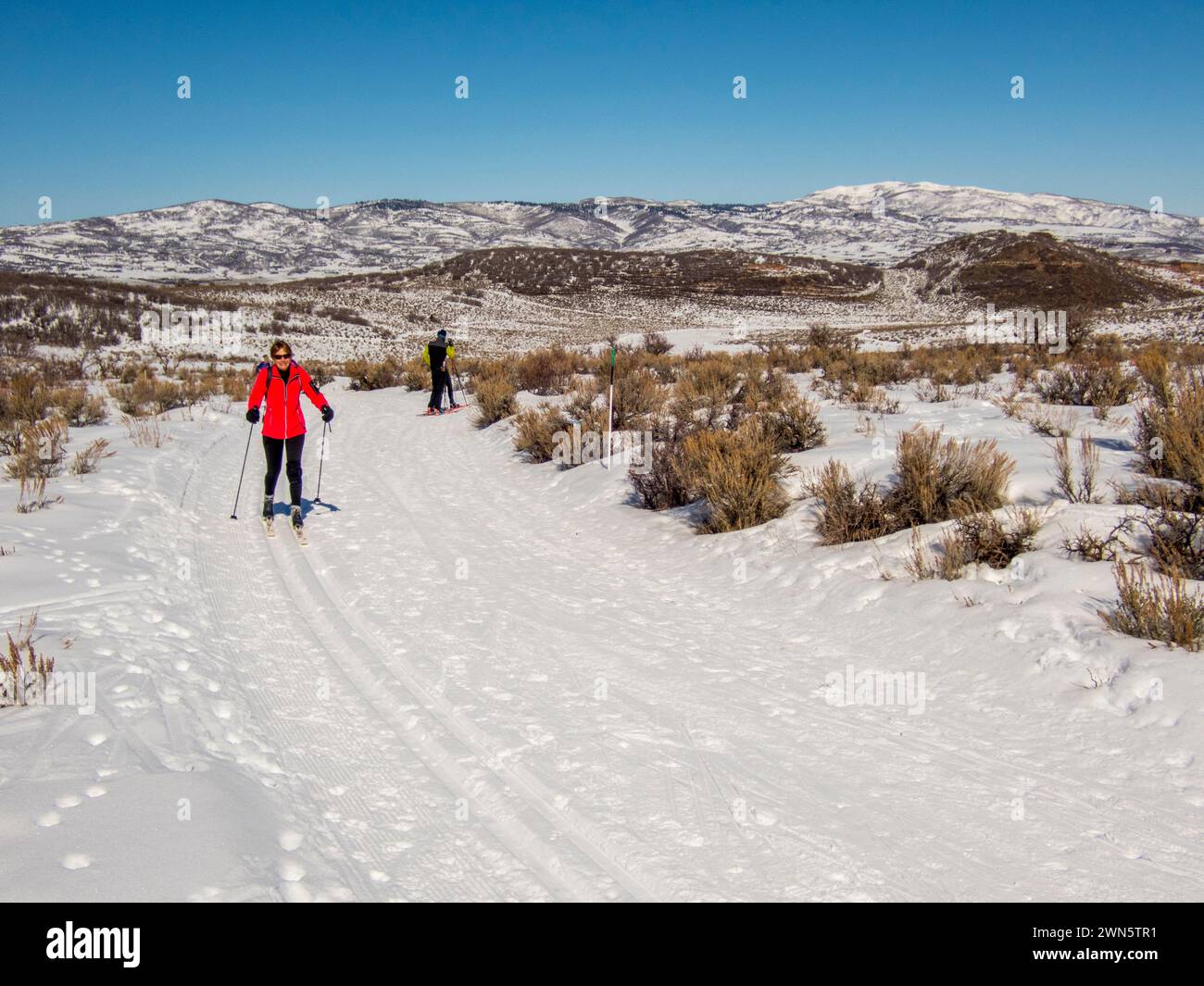 Ambientazione invernale con gente che pratica sci di fondo nell'alto deserto con pennello e neve a Round Valley vicino a Park City, Utah, Stati Uniti. Foto Stock