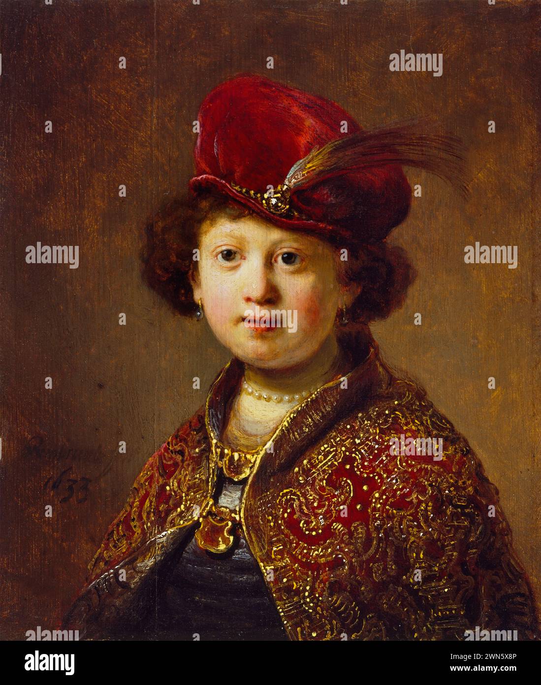 Rembrandt - (bottega) Un ragazzo in costume fantasioso (1633) (olio su tavola di quercia 21 x 17,7 cm) Foto Stock
