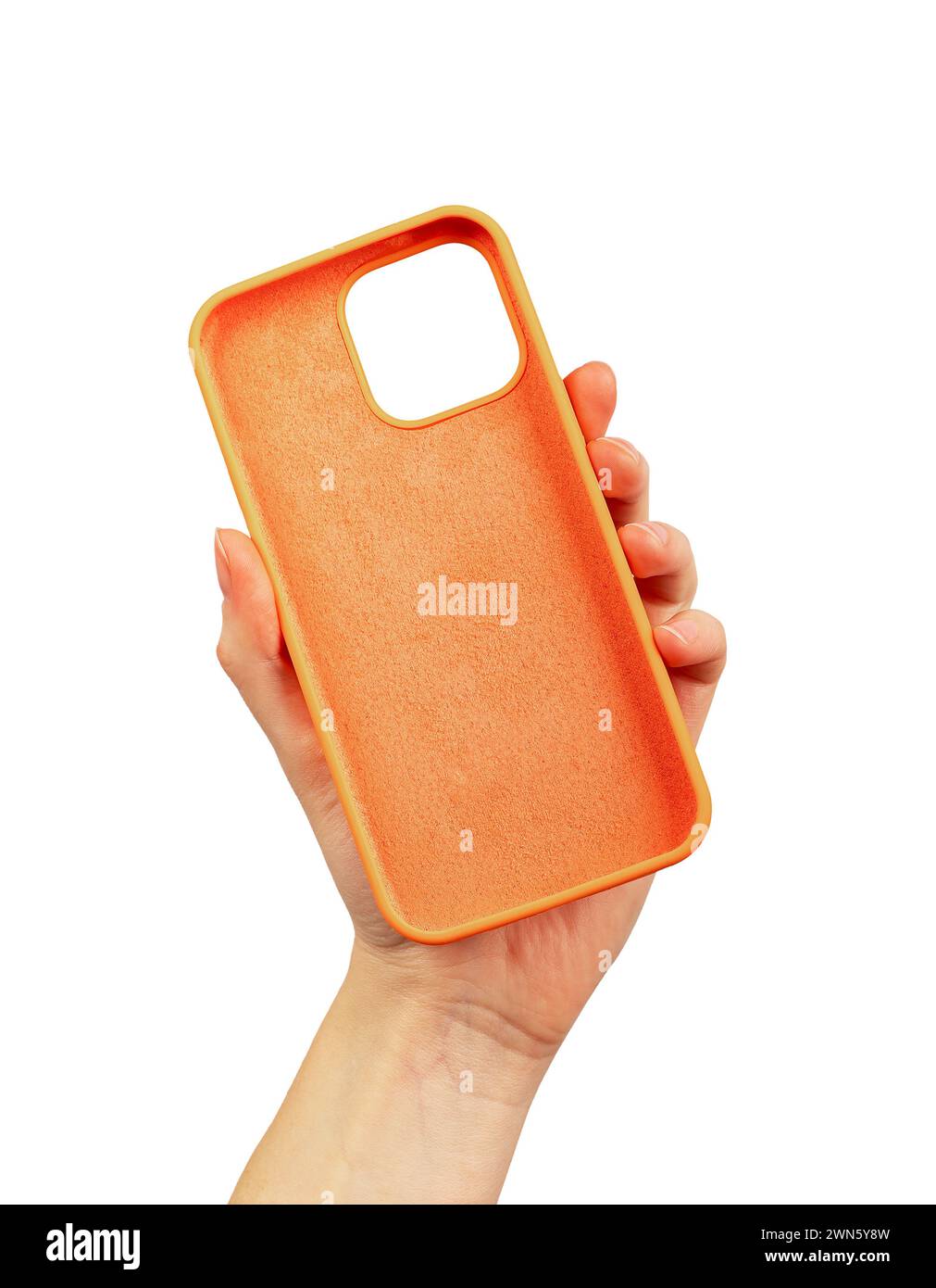 Custodia per cellulare in plastica, isolata in bianco. Foto Stock