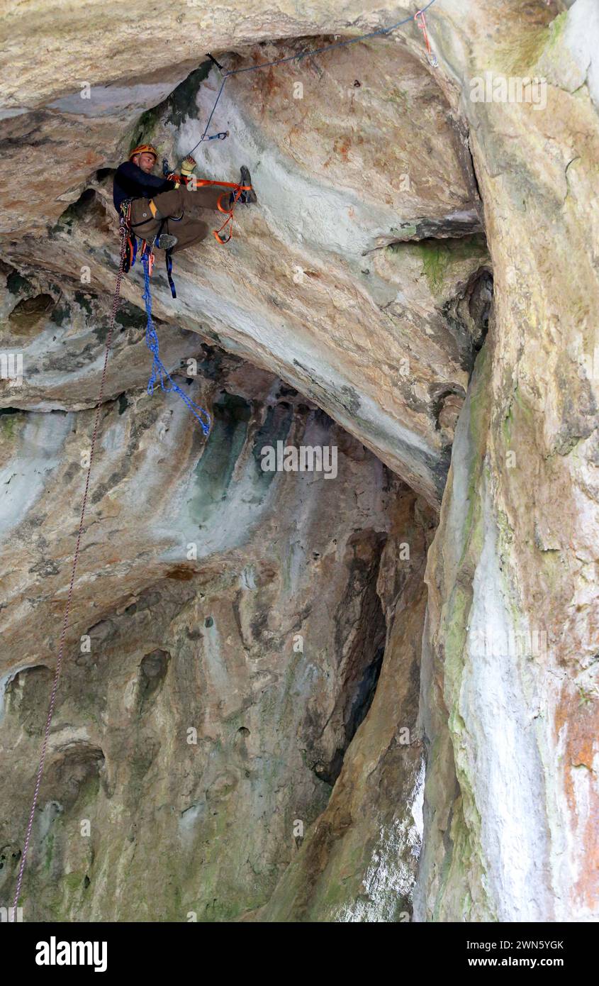 05/05/14 Scott Anderson, 36 anni, sale una delle più lunghe salite del tetto della Gran Bretagna all'interno della grotta di Thor nella Manifold Valley nella zona di White Peak del PE Foto Stock