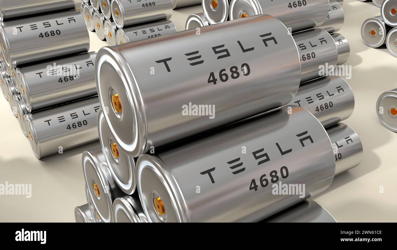 Pacco batterie da 4680 Tesla, accumulatore ad alta capacità di produzione, cella da tavolo, immagazzinamento di energia, produzione di veicoli elettrici, High Tech Automotive Technolo Foto Stock