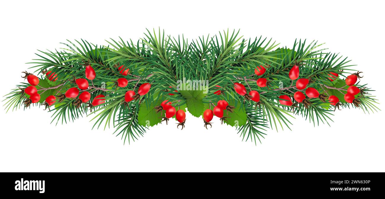 sfondo festivo con rami di abete, ornamento . palle e nastri. Albero di Natale isolato garland, confine. Ideale per banner, volantini, feste Foto Stock
