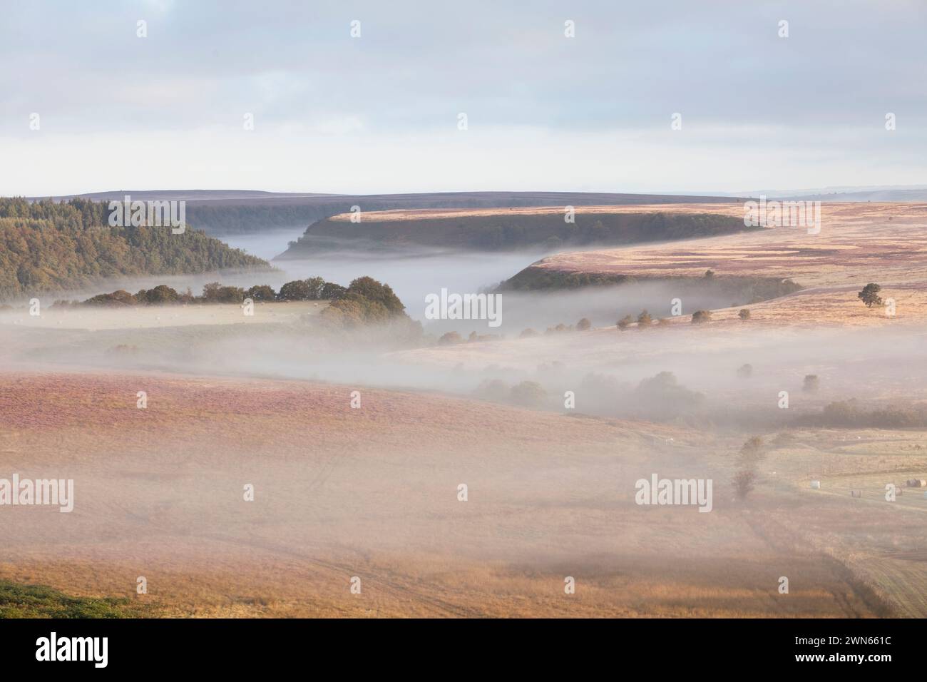 La testa della valle di North Dale avvolta nella nebbia delle North York Moors, Regno Unito Foto Stock