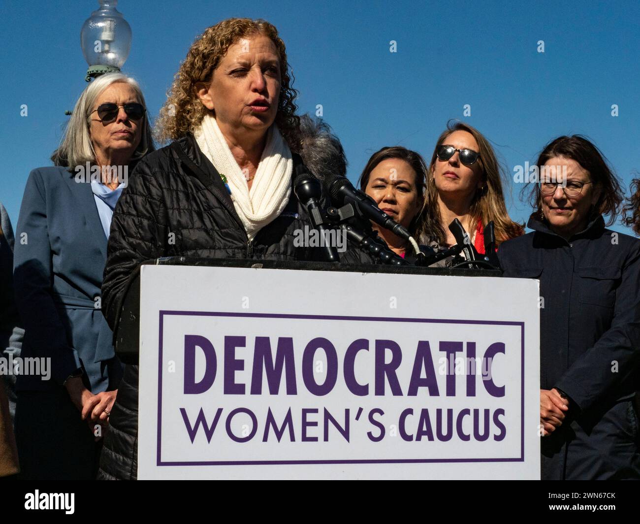 Washington, District of Columbia, USA. 29 febbraio 2024. La Rep. DEBBIE WASSERMAN SHULTZ (D-FL) si pronuncia contro la sentenza del CourtÃs supremo dell'Alabama sulla FIV in una conferenza stampa che esorta il Congresso a passare l'Access to Building Families Act. Il disegno di legge garantirebbe il diritto alla fecondazione in vitro e ad altre tecnologie riproduttive. (Credit Image: © sue Dorfman/ZUMA Press Wire) SOLO PER USO EDITORIALE! Non per USO commerciale! Foto Stock