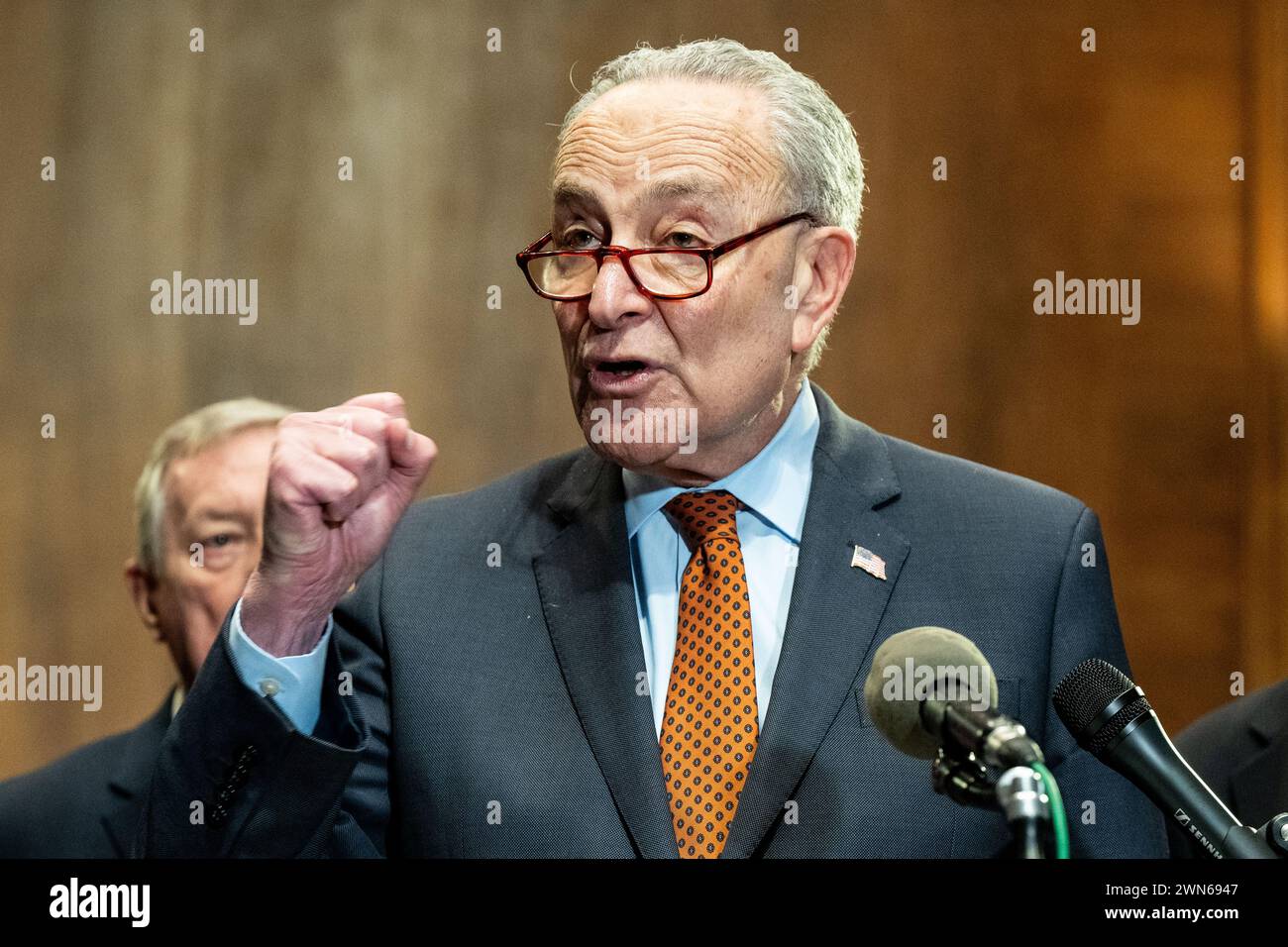 Washington, Stati Uniti. 29 febbraio 2024. Il leader della maggioranza del Senato Chuck Schumer (D-NY) ha parlato in una conferenza stampa sulla reintroduzione della legge per l'avanzamento dei diritti di voto di John R. Lewis, al Campidoglio degli Stati Uniti. (Foto di Michael Brochstein/Sipa USA) credito: SIPA USA/Alamy Live News Foto Stock