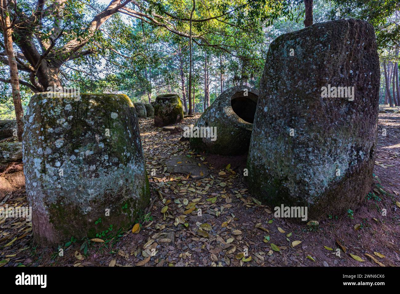 La Plain of Jars è uno dei più importanti siti preistorici del sud-est asiatico, situato vicino a Phonsavan, Xieng Khuang in Laos. La pianura dei barattoli ha Foto Stock