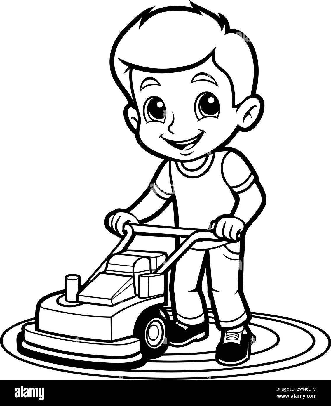 Fumetto bianco e nero illustrazione del bambino che gioca a Toy Car o tosaerba per colorare il libro Illustrazione Vettoriale