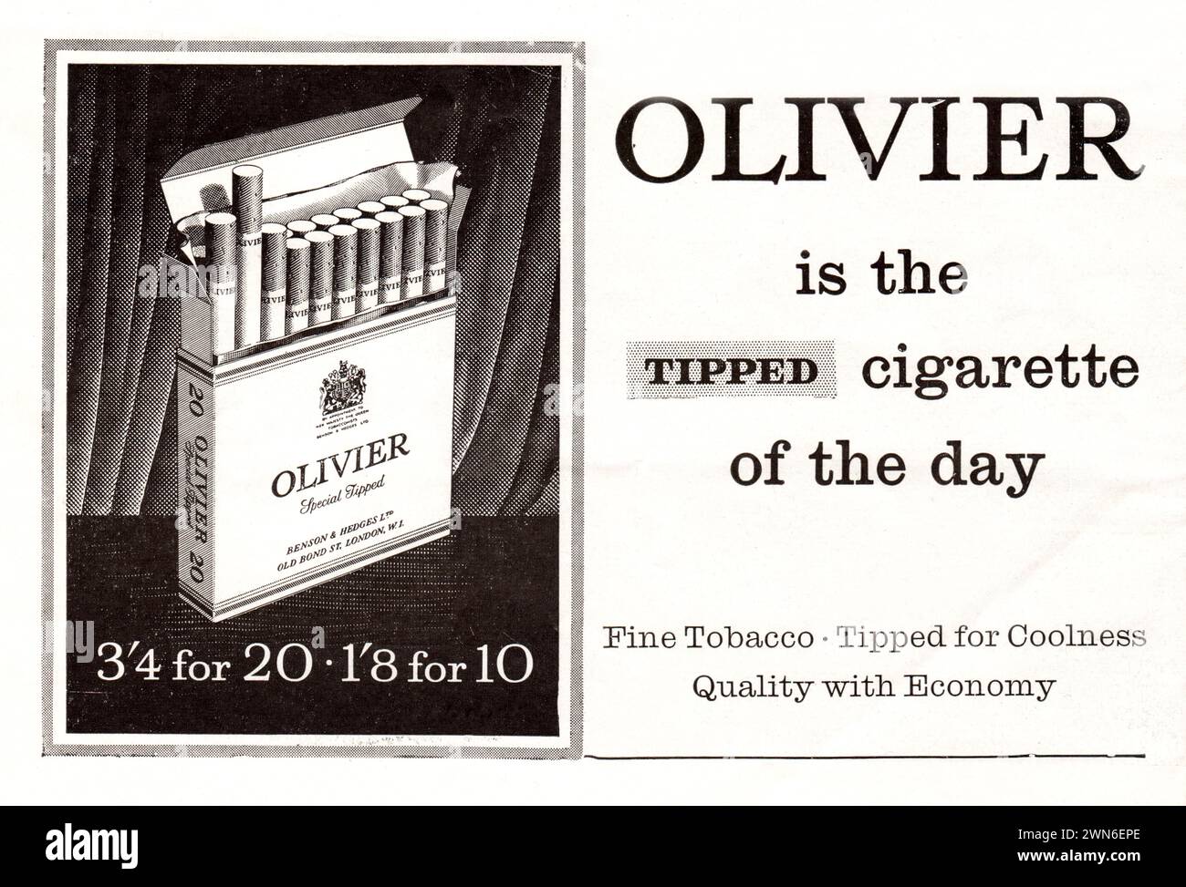 Annuncio pubblicitario per le sigarette Olivier con mancia speciale di Benson & Hedges nel programma souvenir del Whitehall Theatre il 19 marzo 1958. Foto Stock