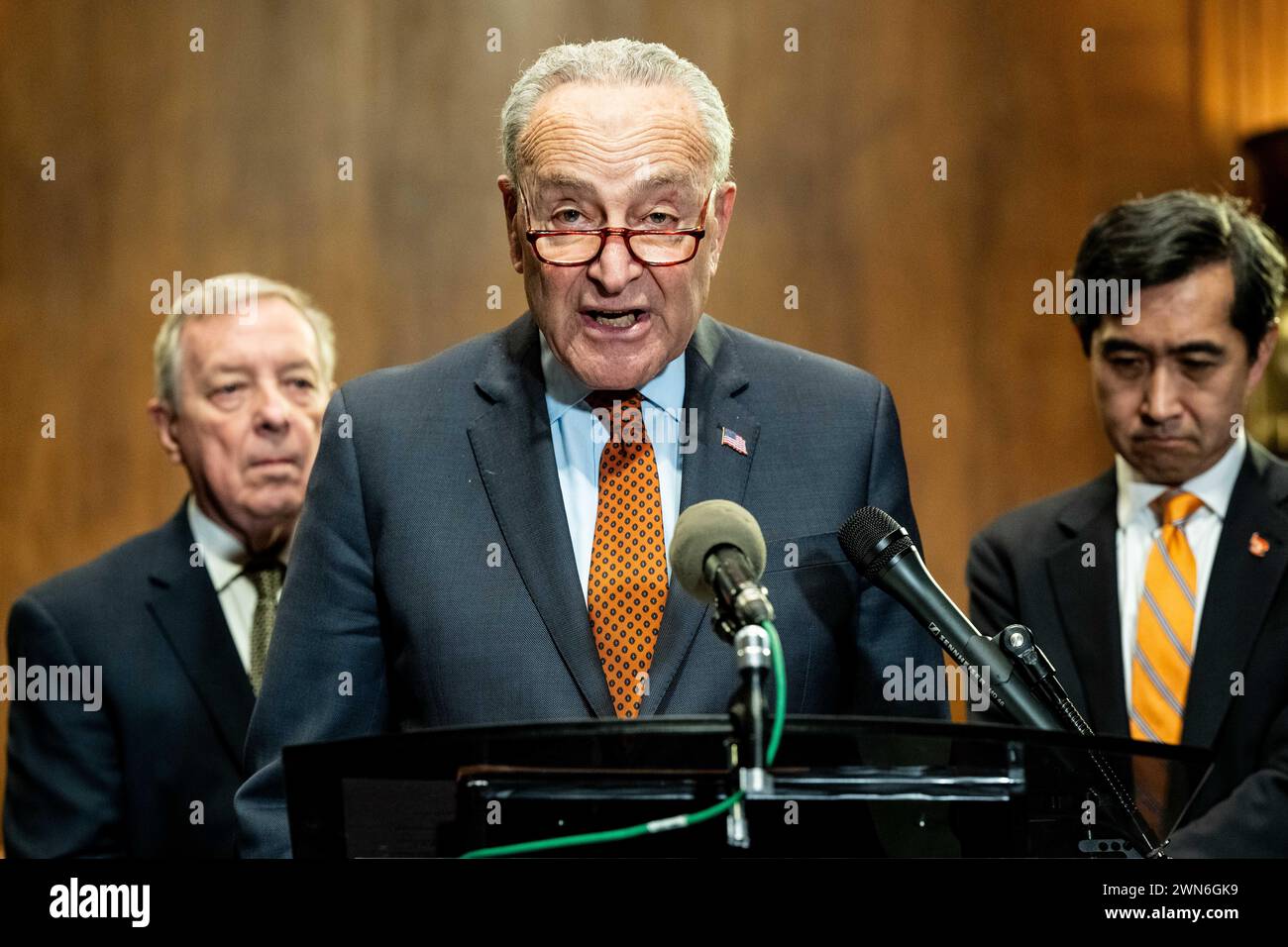 Washington, Stati Uniti. 29 febbraio 2024. Il leader della maggioranza del Senato Chuck Schumer (D-NY) ha parlato in una conferenza stampa sulla reintroduzione della legge per l'avanzamento dei diritti di voto di John R. Lewis, al Campidoglio degli Stati Uniti. Credito: SOPA Images Limited/Alamy Live News Foto Stock