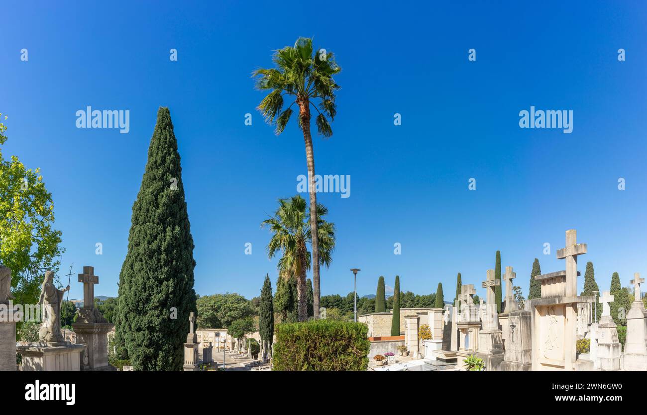 Sacro silenzio: Croci e statue in un tranquillo paesaggio del cimitero Foto Stock