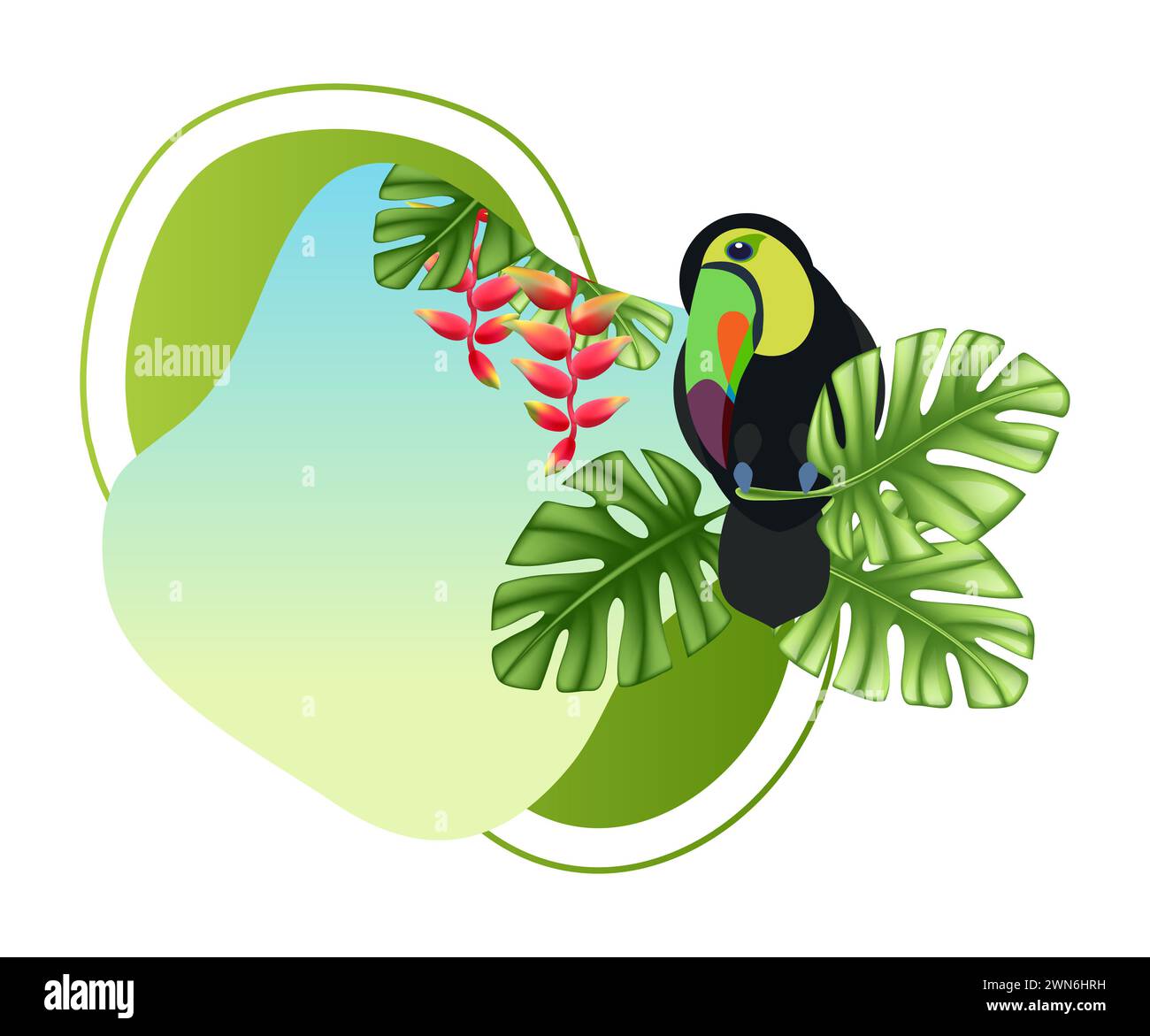 Sfondo estivo con foglie di giungla e fiori. Toucan sulla palma. Invito alla festa tropicale. Posiziona per testo. Ottimo per volantini, doccia per bambini Foto Stock