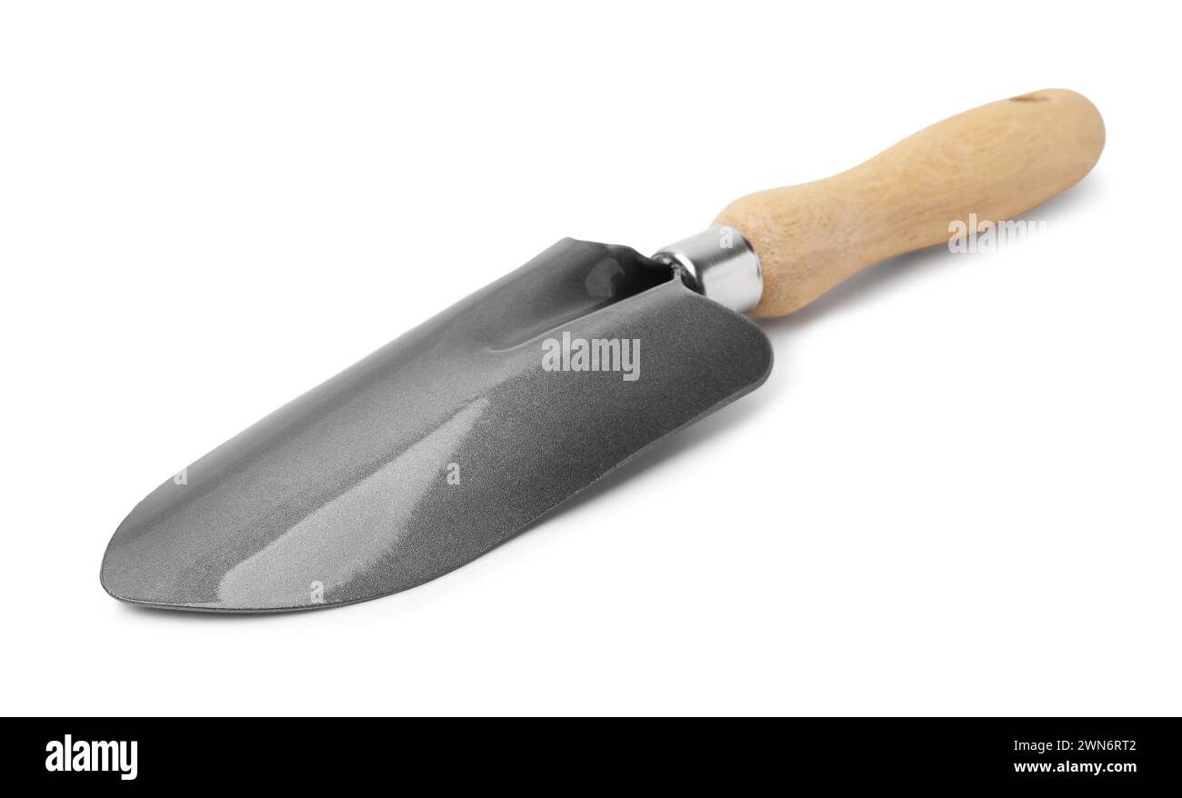 Una cazzuola isolata su bianco. Attrezzo da giardinaggio Foto Stock