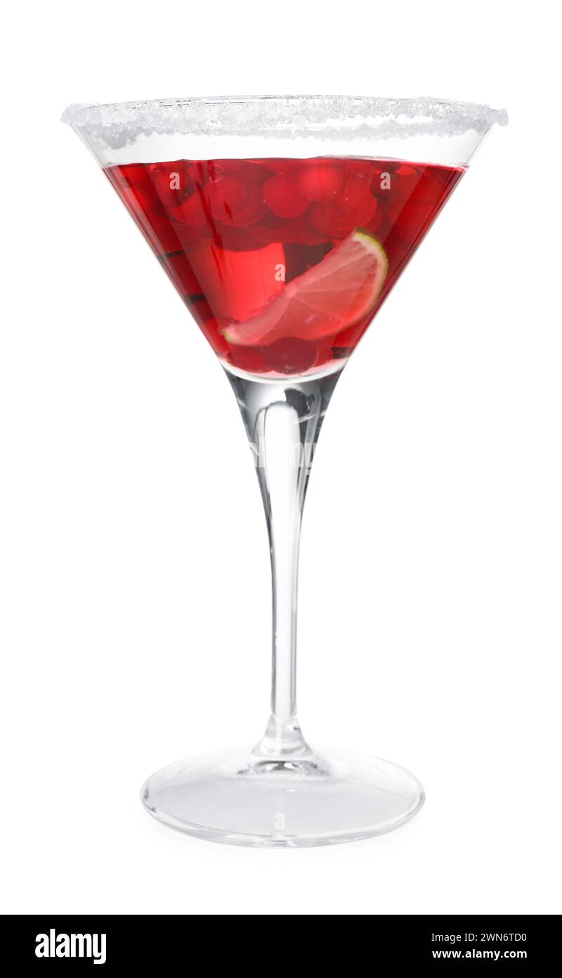 Gustoso cocktail di mirtilli con lime e zucchero in vetro isolato su bianco Foto Stock