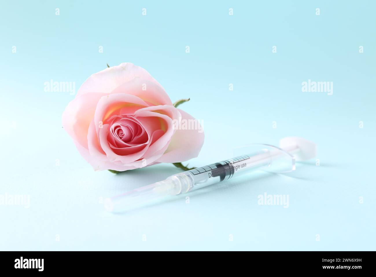 Cosmetologia. Siringa medica e fiore di rosa su sfondo azzurro Foto Stock