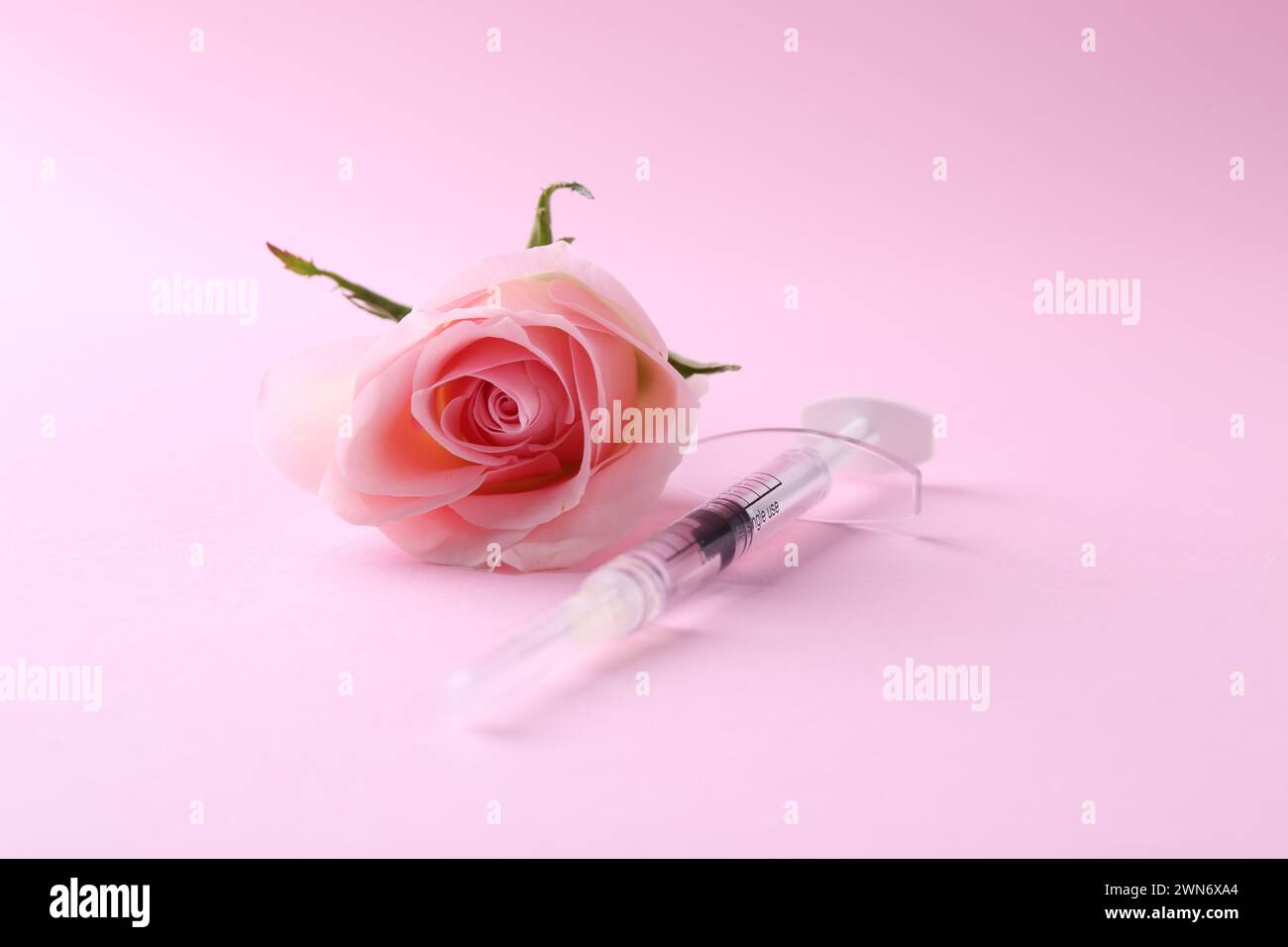 Cosmetologia. Siringa medica e fiore di rosa su sfondo rosa Foto Stock