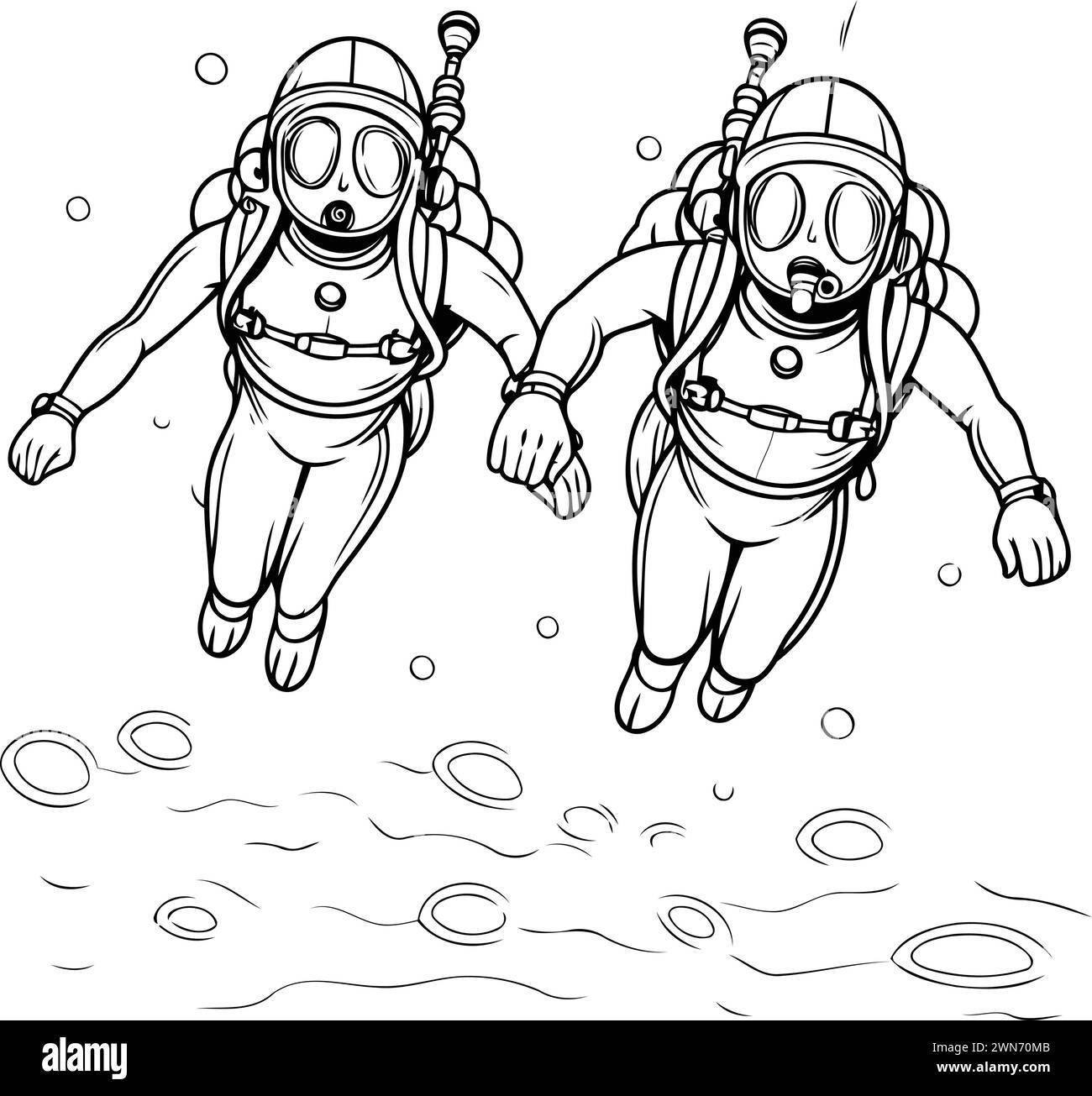 Due subacquei si tuffano in acqua. Illustrazione vettoriale in bianco e nero. Illustrazione Vettoriale
