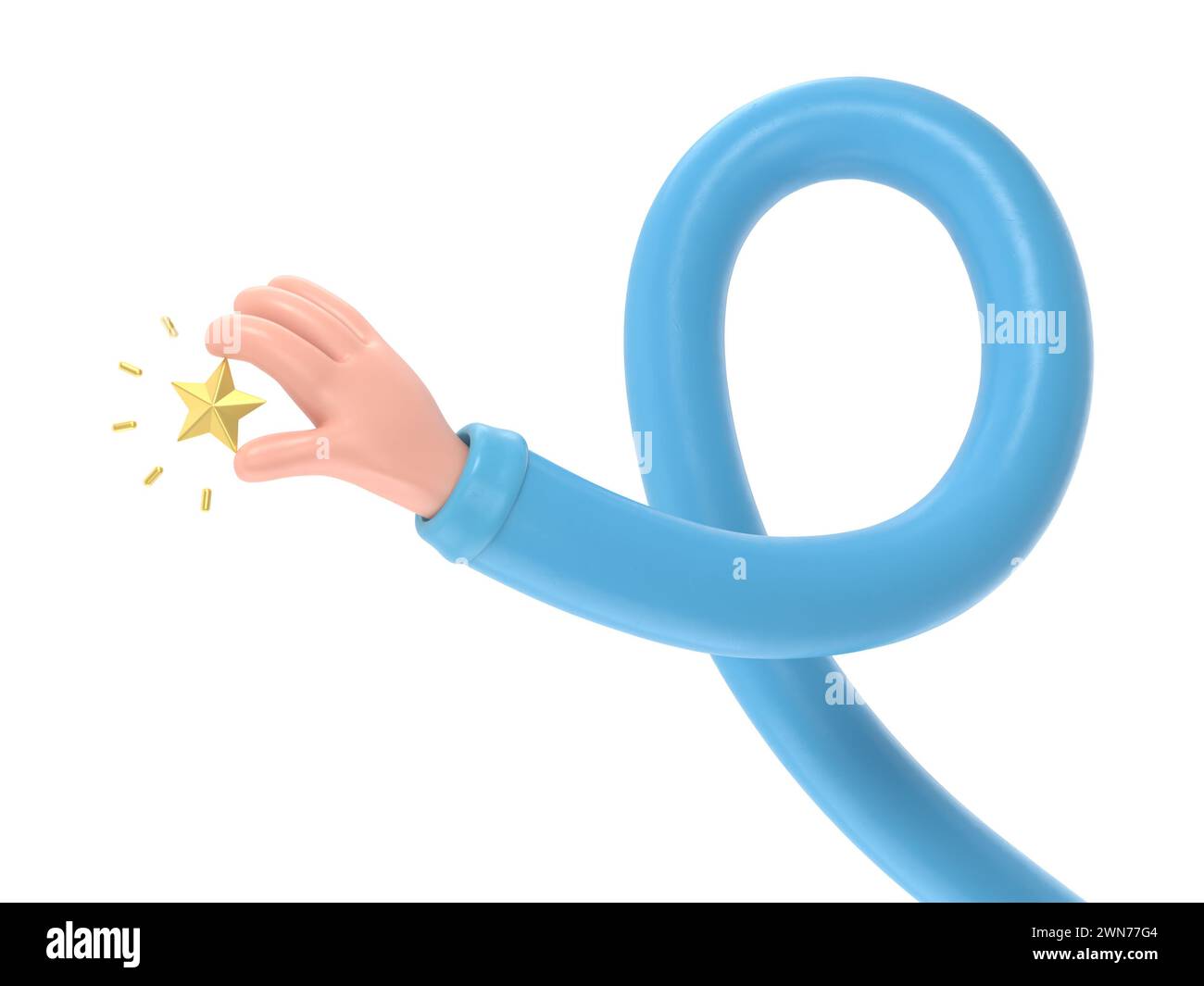 Icona dei gesti dei cartoni animati Mockup.icona a forma di stella della mano 3d.illustrazione positiva del tasso cliente in oro, rendering 3D su sfondo bianco.concetto di bracci lunghi. Foto Stock