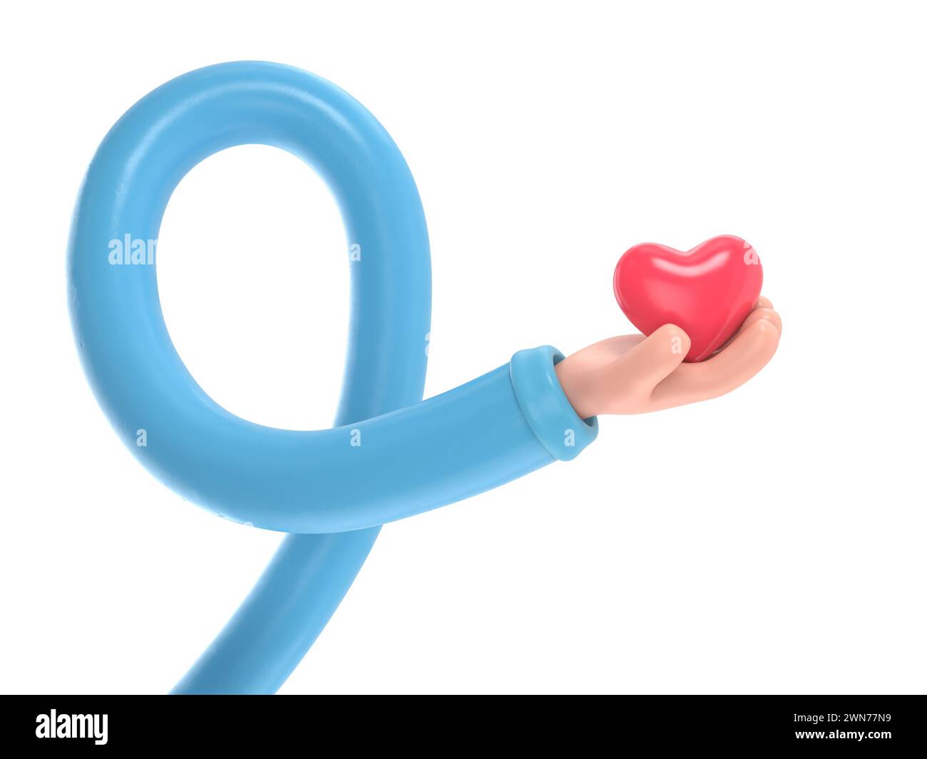 Icona dei gesti dei cartoni animati Mockup.icona 3d cuore rosso in mano.illustrazione realistica di donazioni, amore o beneficenza per i social media, rendering 3D su sfondo bianco Foto Stock