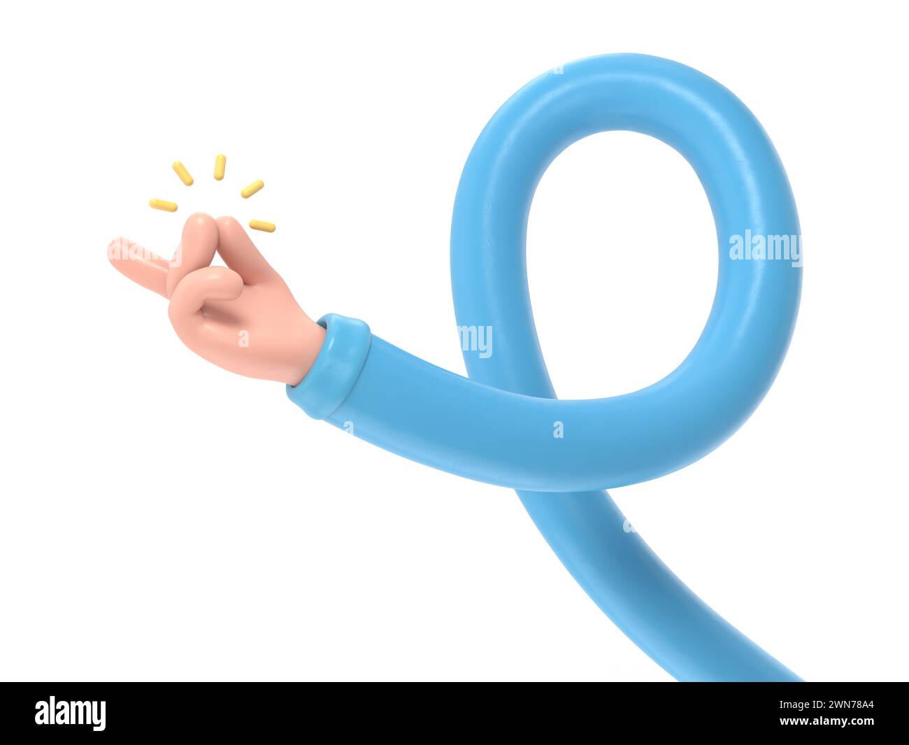 Mockup icona Cartoon Gesture.mano di cartone animato con maniche blu scuro che mostra un gesto di scatto con un suono dorato, tonalità della pelle chiara, rendering 3D su sfondo bianco Foto Stock
