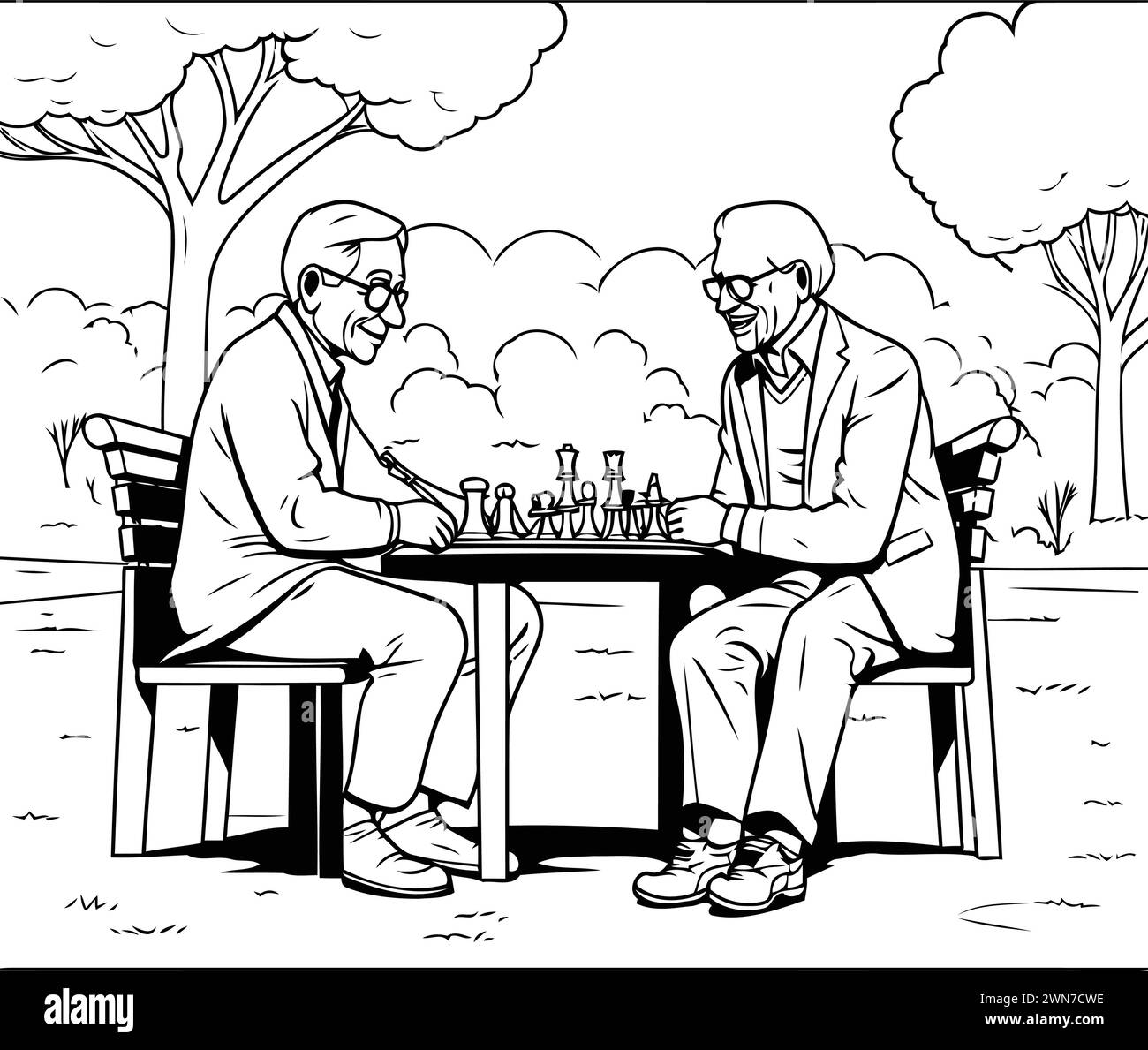 Coppia senior che gioca a scacchi nel parco. design grafico grafico in bianco e nero Illustrazione Vettoriale