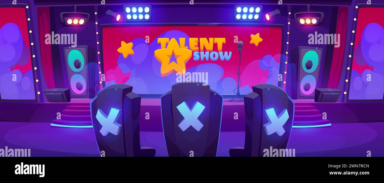 Allestimento del talent show nella grande sala con micro e altoparlanti sul posto, grande schermo, sedie di giuria, faretti. Vettore di cartoni animati di gare vuote e palcoscenico di gara. Illustrazione Vettoriale