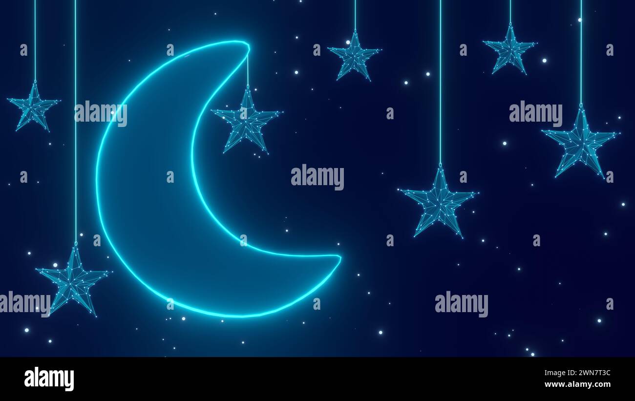 Sfondo islamico con luna crescente e stelle al neon appese e particelle luminose. Ramadan, Mubarak, iftar, Islamico , religione, musulmano, digiuno,... Foto Stock