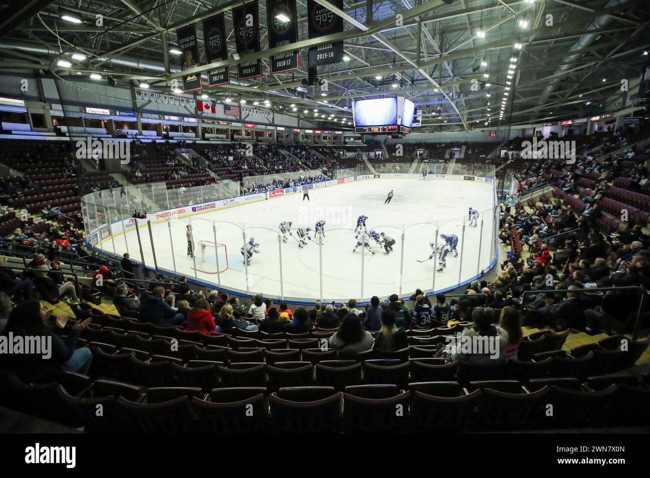 Febbraio 25 2024, Mississauga, Ontario Canada. (Solo editoriale)Giochi finali di coppia Paramount fine Foods Centere per i Mississaua Steelheads che giocheranno a Brampton la prossima stagione. Luke Durda/Alamy Foto Stock