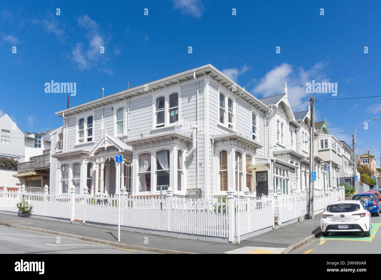 Case in legno d'epoca, Majoribanks e Lipman Street, Mt Wellington, Wellington, nuova Zelanda Foto Stock