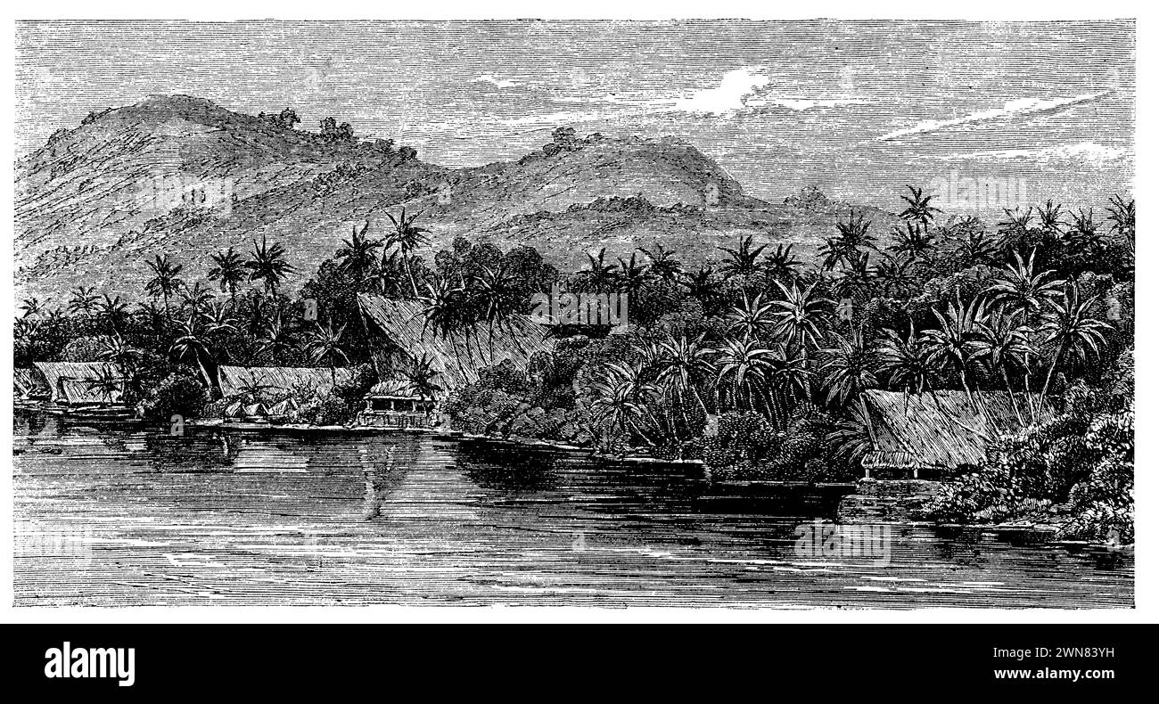 Villaggio sull'isola di Yap (Isole Caroline), (enciclopedia, 1893), Dorf auf der Insel Yap (Karolinen), Village sur l'île de Yap (Carolines) Foto Stock