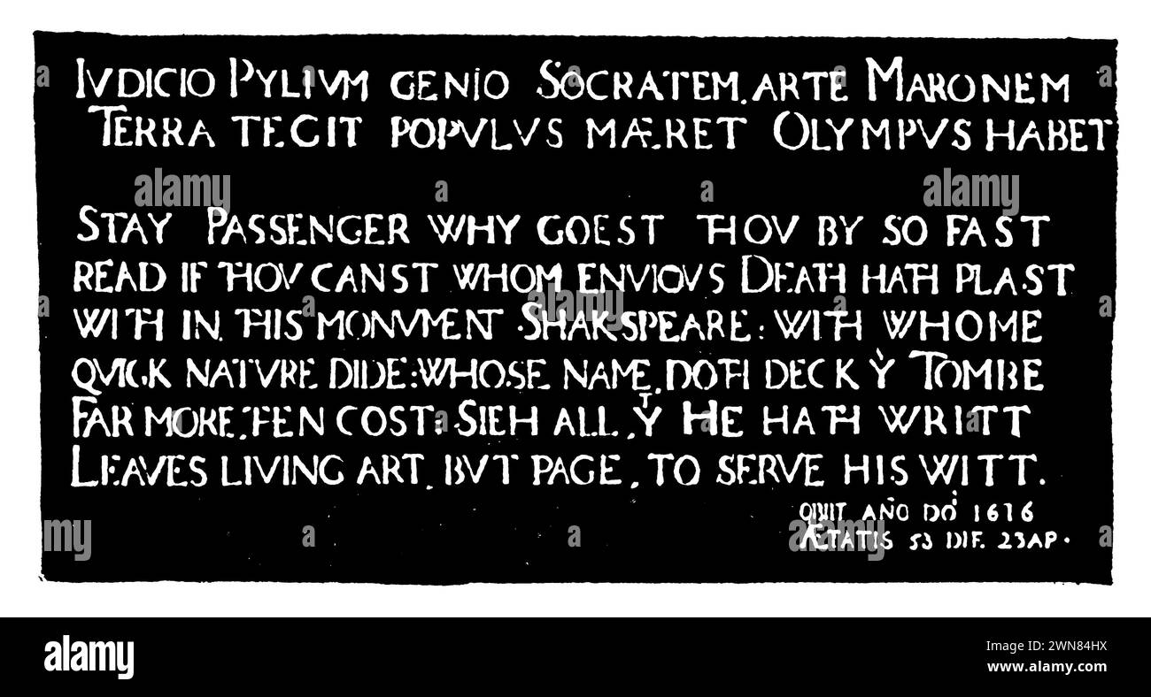 William Shakespeare (Getauft AM 26. Aprile 1564 (Julianischer Kalender)-1616), drammaturgo inglese, Shakespeare's Tomb: Inscription, ( libro di storia letteraria, 1895), William Shakespeare (getauft am 26. Aprile 1564 (Julianischer Kalender)-1616), englischer Dramatiker, Shakespeares Grabmal: Inschrift, William Shakespeare (getauft am 26. Aprile 1564 (Julianischer Kalender)-1616), dramaturge anglais, Tombeau de Shakespeare: Iscrizione Foto Stock