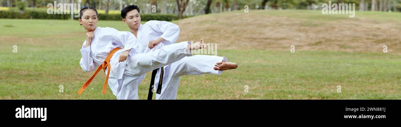 Fai un salto con gli atleti taekwondo che fanno calcio laterale Foto Stock