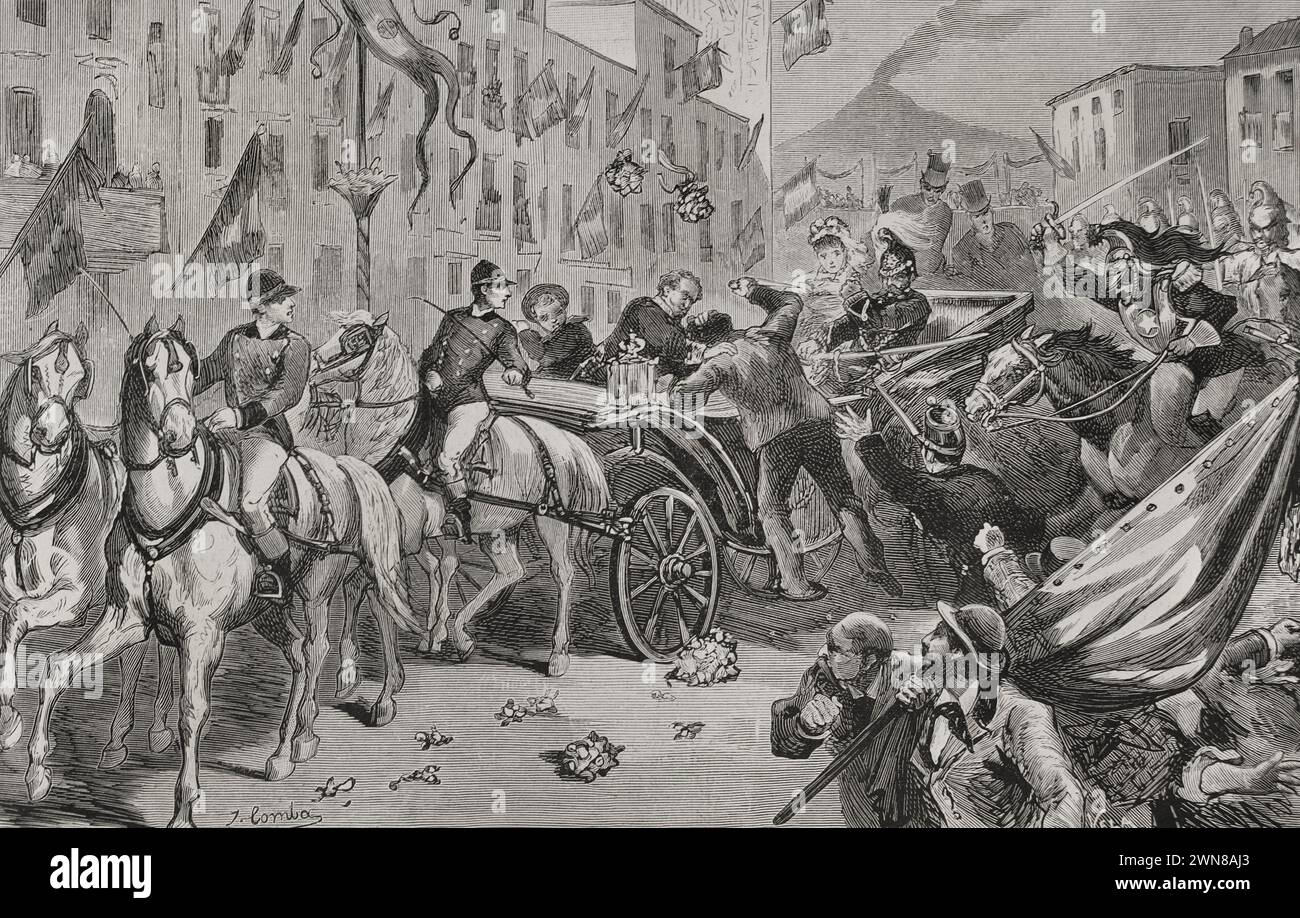 Umberto i (1844-1900). Re d'Italia (1878-1900). Casa Savoia. L'anarchico Giovanni Passannante (1849-1910) compì un attentato alla vita di Umberto i a Napoli il 17 novembre 1878. Il re fuggì illeso, ma il primo ministro Benedetto Cairoli (1825-1889) fu gravemente ferito. Disegno di J. Comba. Incisione di Vela. La Ilustración Española y americana (The Spanish and American Illustration), 1878. Foto Stock