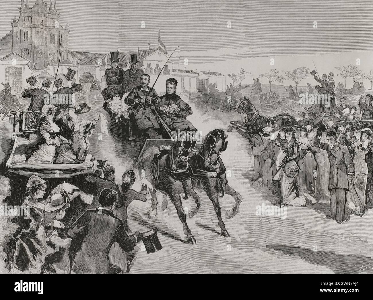 Alfonso XII (1857-1885). Re di Spagna (1875-1885). Madrid, Spagna, 26 ottobre 1878. Persone che applaudono al re Alfonso XII durante il suo viaggio verso la Basilica di Atocha (Basilica reale di nostra Signora di Atocha), il giorno dopo l'attacco che ha subito in Calle Mayor (strada alta), per ringraziare la Vergine. Incisione di Rico. La Ilustración Española y americana (The Spanish and American Illustration), 1878. Foto Stock