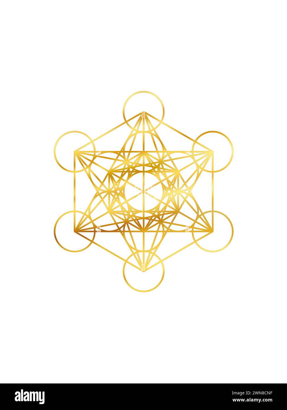 Simbolo Metatron cubo dorato isolato su sfondo bianco. Geometria sacra simbolo dorato del cubo di metatron. Foto Stock