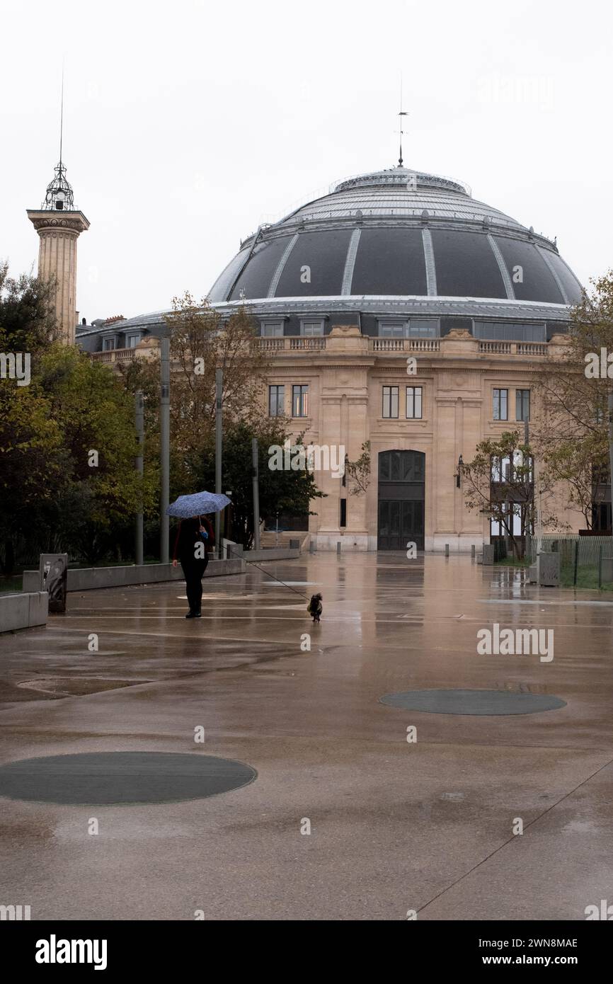 Una persona con un cane che cammina vicino alla Bourse de Commerce. Parigi, Francia Foto Stock