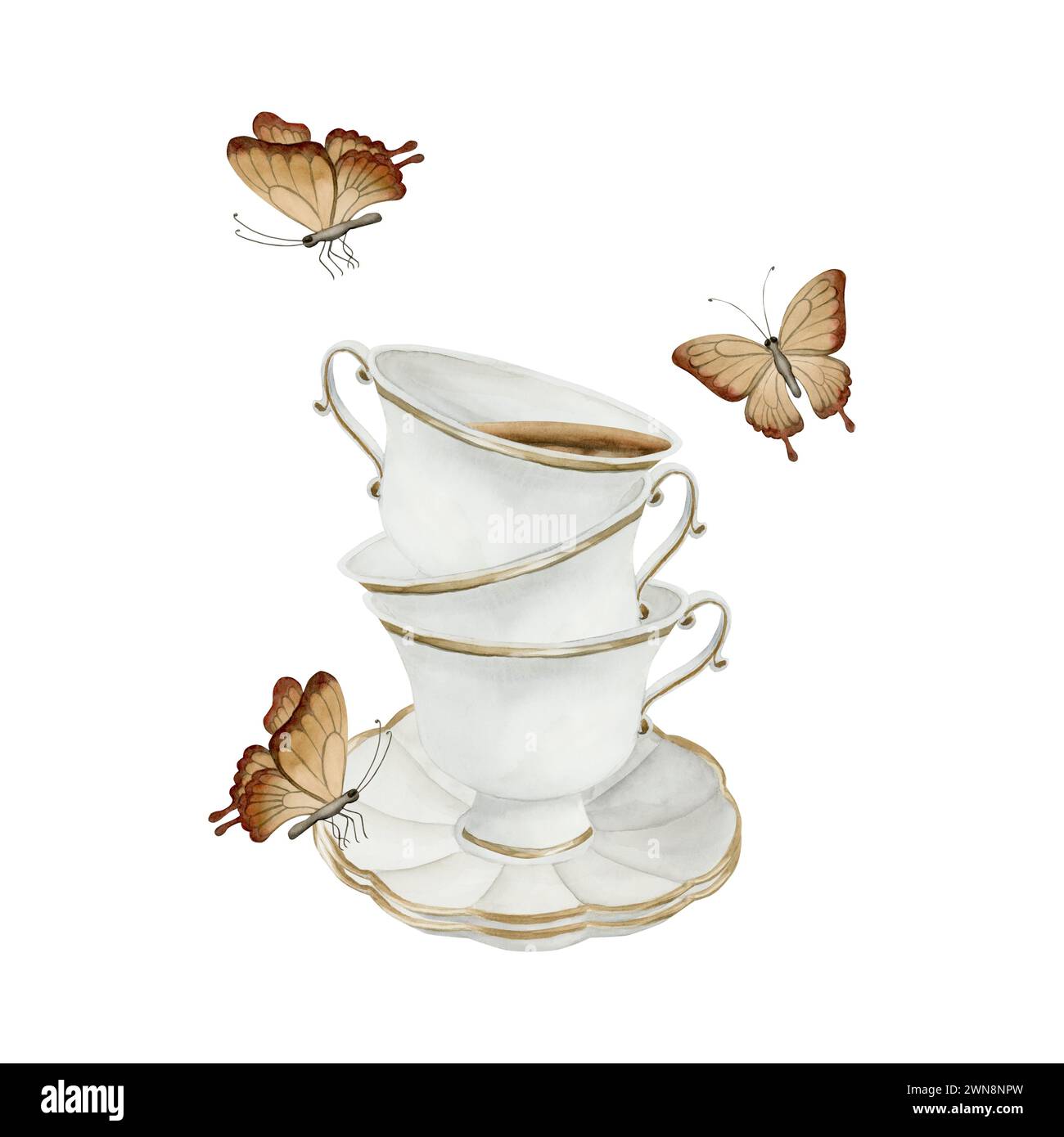 Composizione di tazze da tè in porcellana bianca con tè, piattini con bordo dorato e farfalle marroni. Stile vittoriano. Illustrazione ad acquerello dipinta a mano Foto Stock