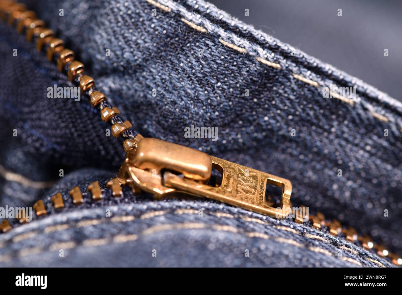 Reißverschluss einer Jeanshose, Detailaufnahme. *** Chiusura lampo di un paio di jeans, primo piano Foto Stock