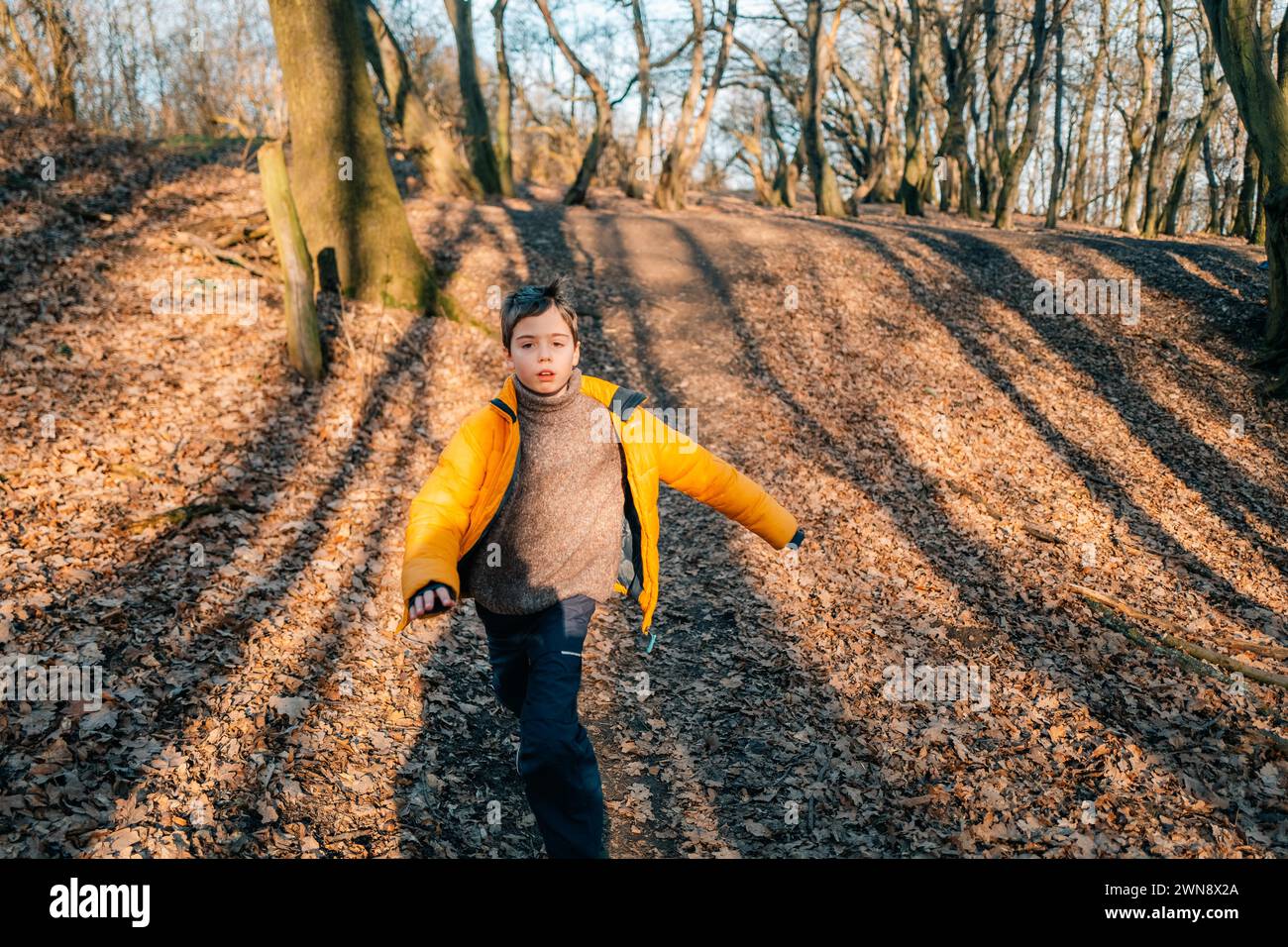 Un bambino di 10 anni corre attraverso lunghe ombre nella foresta in una giornata di sole Foto Stock