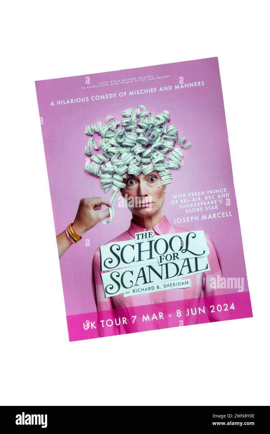 Volantino promozionale per la produzione 2024 di Wig inclinata della School for Scandal di Richard B. Sheridan. Foto Stock