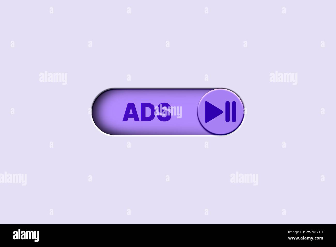 Illustrazione 3D del pulsante viola per attivare o disattivare l'ADS. Concetto di pubblicità. Salta annuncio sul video. Foto Stock Illustrazione 3D del pulsante viola per attivare o disattivare l'ADS. Concetto di pubblicità. Salta annuncio sul video. Foto Stock