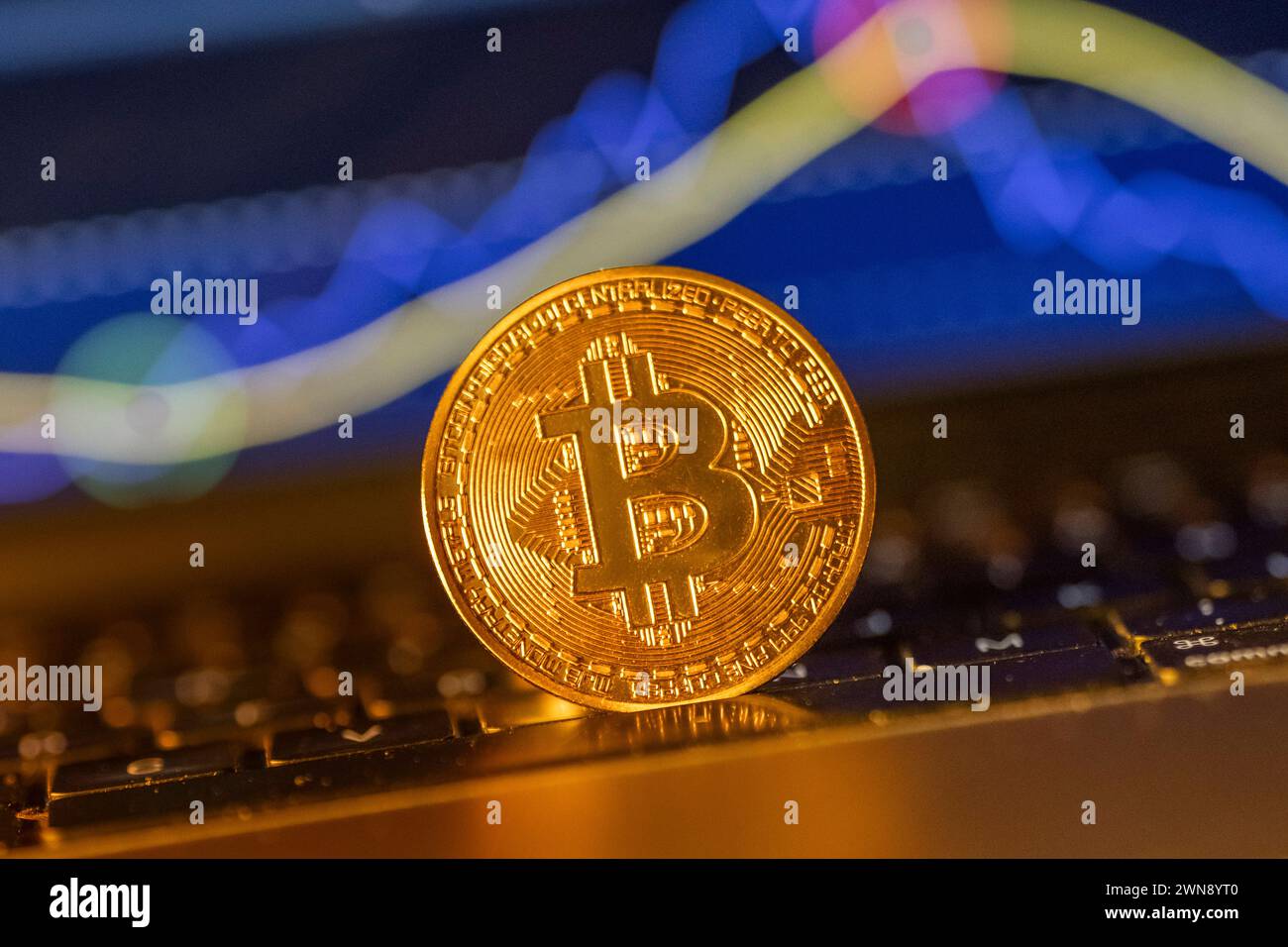 Bitcoin Münze vor einem chart *** Bitcoin Coin davanti a un grafico Deutschland, Germania GMS10865 Foto Stock