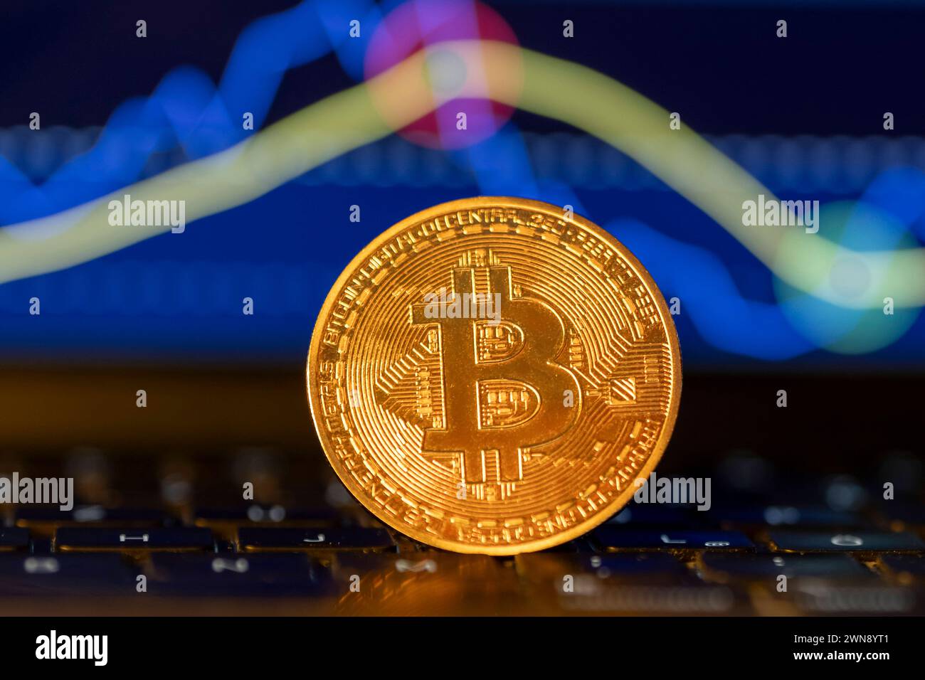 Bitcoin Münze vor einem chart *** Bitcoin Coin davanti a un grafico Deutschland, Germania GMS10866 Foto Stock