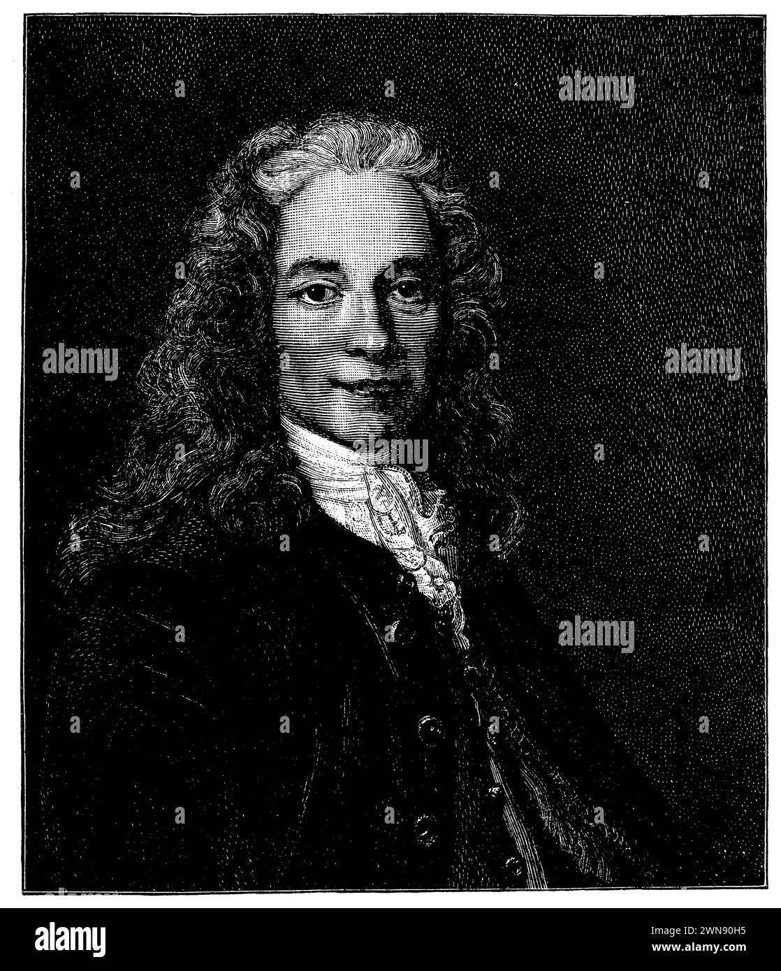 Voltaire (1694-1778), scrittore, drammaturgo, filosofo e storico francese, dopo una copia del dipinto di N. de Largillière, nel museo di Versailles, fotografia di Mallite (Philippon Nachf.) A Versailles, (libro di storia letteraria, 1900), Voltaire (1694-1778), Französischer Schriftsteller, Dramatiker, Philosoph und Historiker, nach einer Kopie des Gemäldes von N. de Largillière, im Museum zu Versailles, Photographie von Mallite (Philippon Nachf.) A Versailles, Voltaire (1694-1778), écrivain, dramaturge, philosophe et historien francais, d'après une copie du tableau de N. de Largillière, Foto Stock