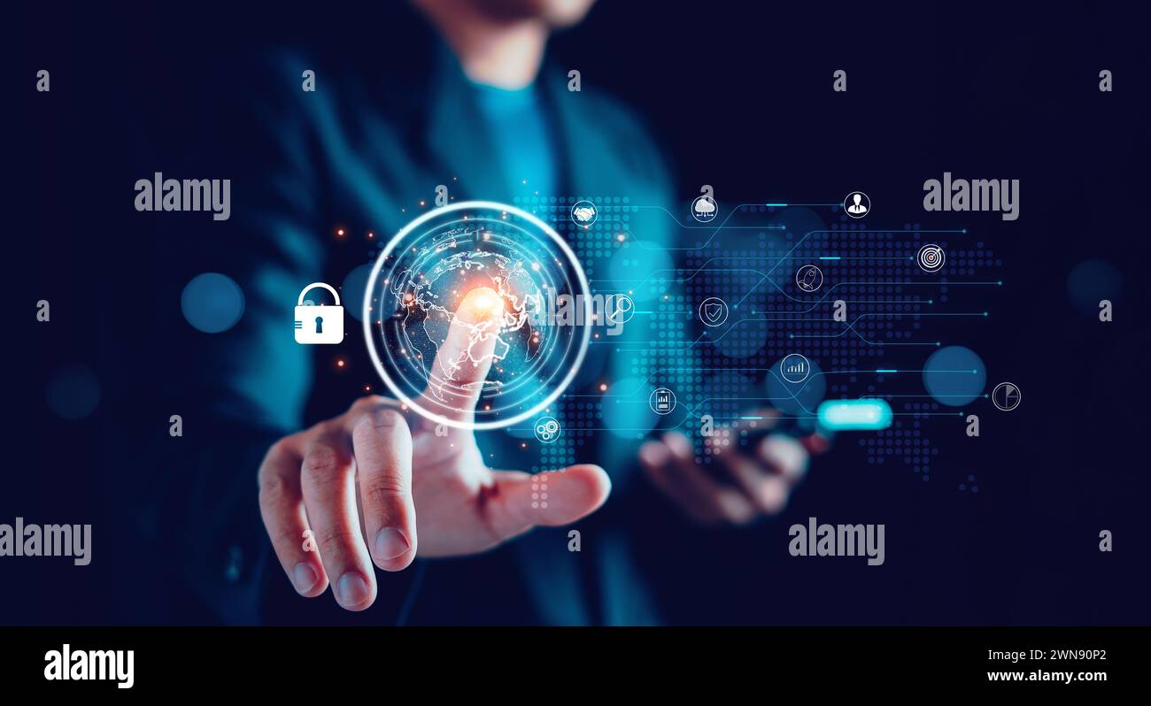 Tecnologia delle applicazioni di connessione Internet globale per le aziende e marketing digitale, concetto di tecnologia Data Analyst. Digital LINK Tech, Financial e ba Foto Stock